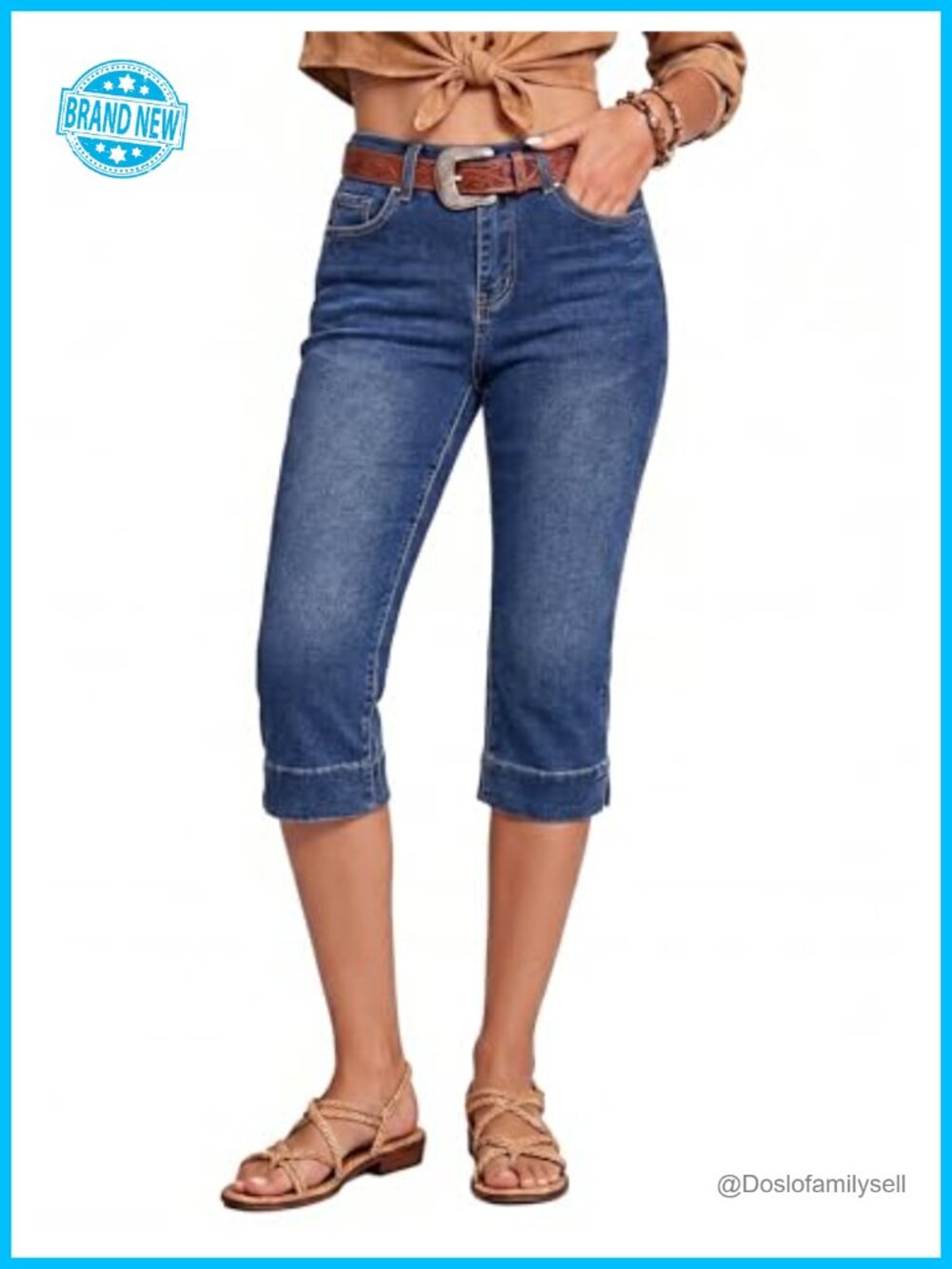 High Waisted Capri Jeans with Split Hem Stretchy Denim